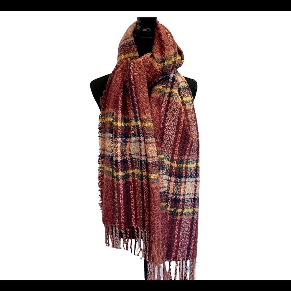 Dusty rose pink yellow plaid check warm soft fall winter blanket scarf